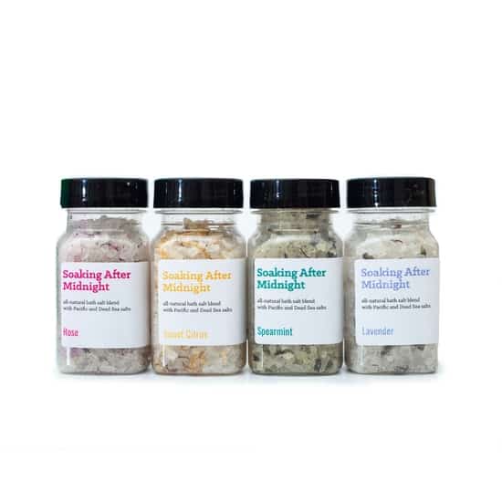 set of four mini bottles of bath salts by music city suds