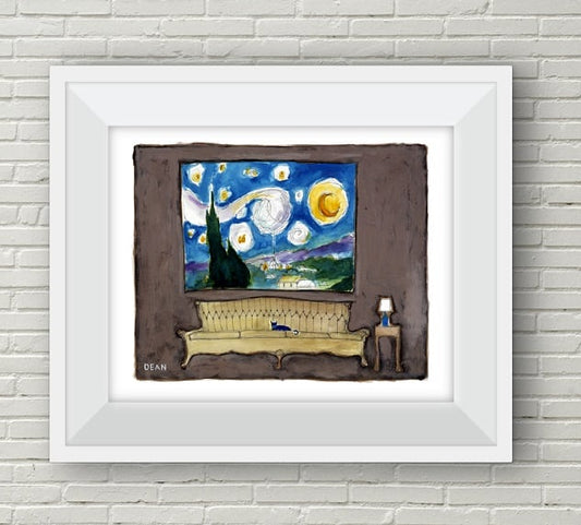 pete the cat sitting on a couch in front of the starry night art