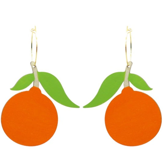 wood tangerine earrings on gold hoops