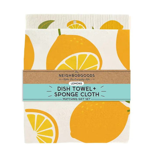 Lemons Dish Towel and Sponge Cloth Matching Gift Set