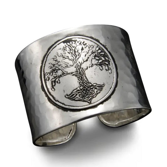 Silver Adjustable Open Bracelet with a tree of life in a circle