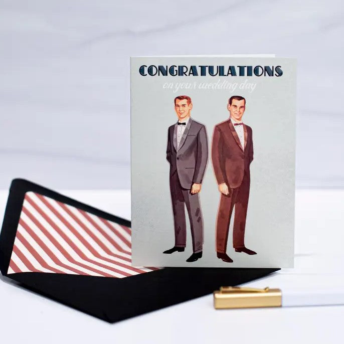 vintage art style groom gay wedding card featuring two men