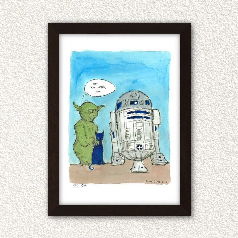 Pete the Cat Framed Art Print featuring characters Yoda and R2D2 from Star Wars