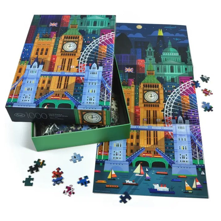 A one thousand piece puzzle depicting London's Big Ben in a graphic and colorful style.