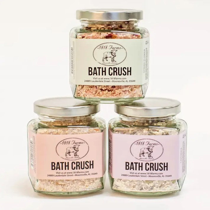 An array of three scents of 1818 Farms bath crush.