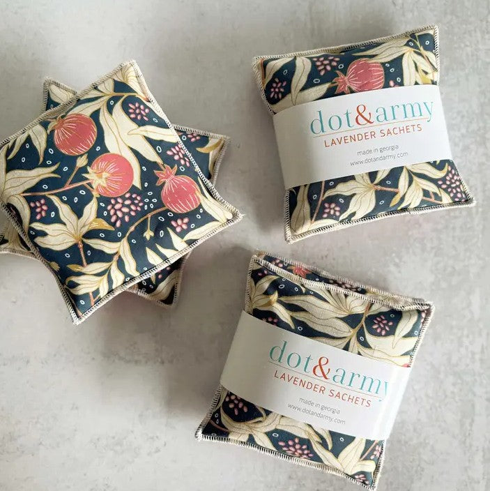 Lavender sachets with a pink, navy and light green pomegranate pattern