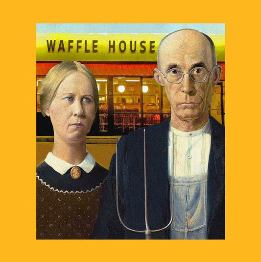 Art print depicting the couple from the classic painting American Gothic standing in front of a Waffle House restaurant
