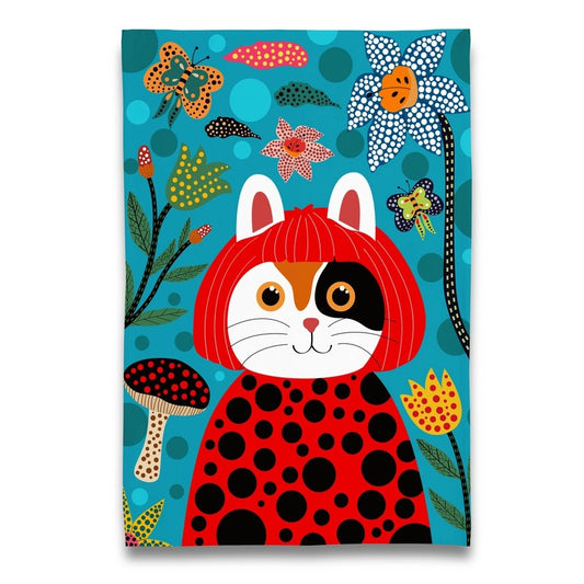 Colorful illustration of a cat in a red wig surrounded by polka dotted flowers