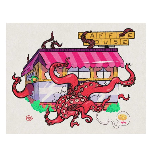 Art print depicting a Waffle House restaurant with large red tentacles bursting through the doors and windows