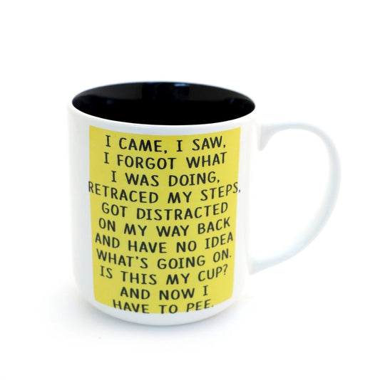 Mug that reads "I came, I saw, I forgot what I was doing" on a bright yellow background