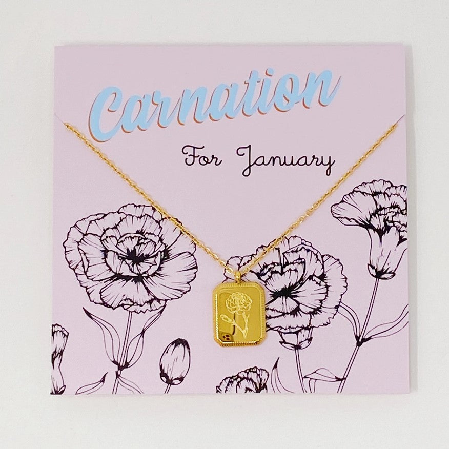 gold plated necklace with a pendant engraved with carnations for January birthdays