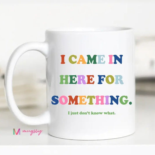 A white ceramic mug with colorful text reading "I CAME IN HERE FOR SOMETHING. I just don't know what."