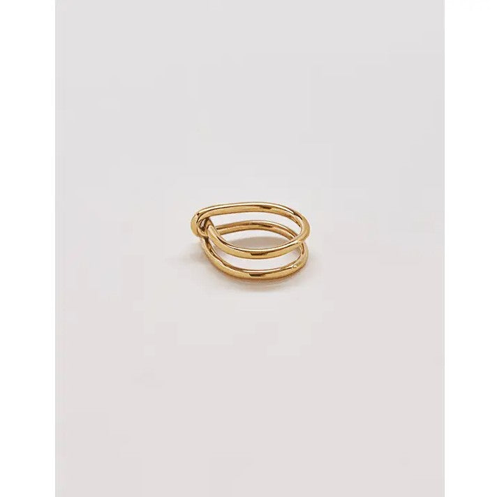 A simple gold ring with an interlocking knot design.