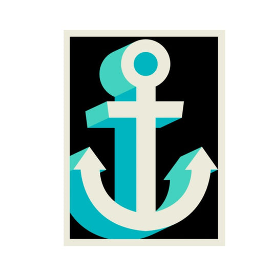 Teal and white anchor design on a black background