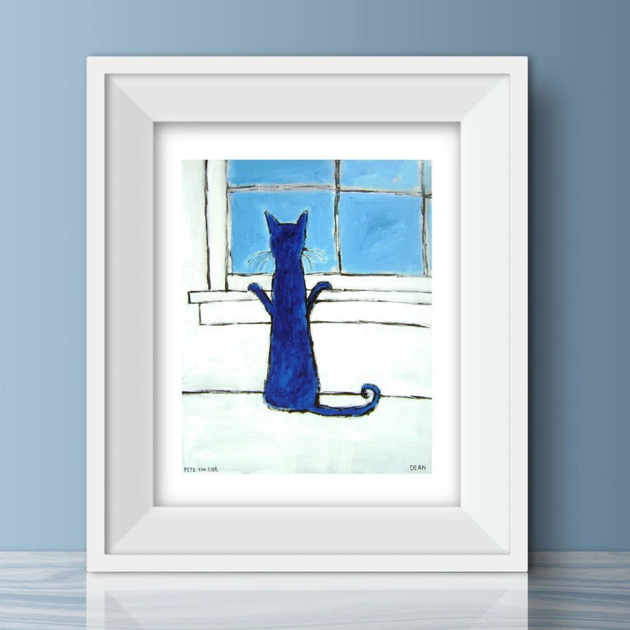 Print of the back of a blue cat looking out the window with his paws on the sill