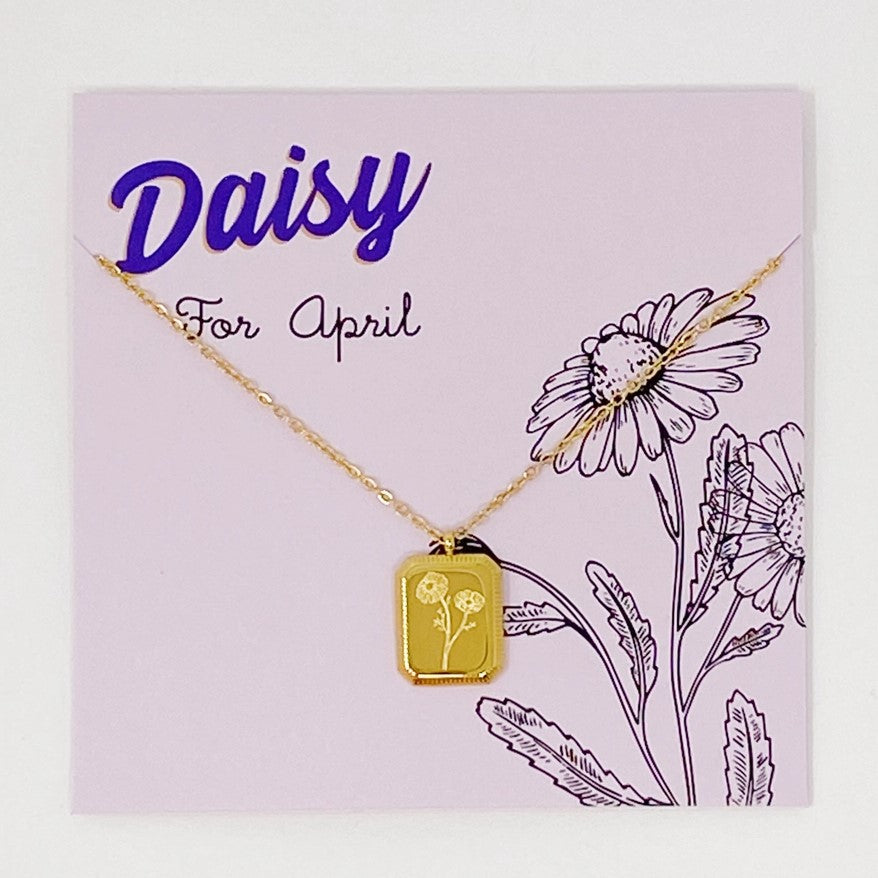 Gold plated necklace with a pendant engraved with daisies for April birthdays