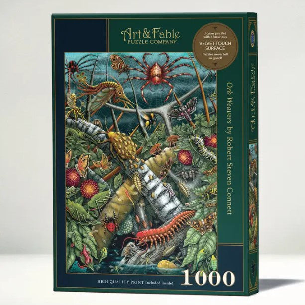 A one thousand piece puzzle with a velvet-touch surface which features a detailed illustration of many different kinds of insects in a leafy environment.