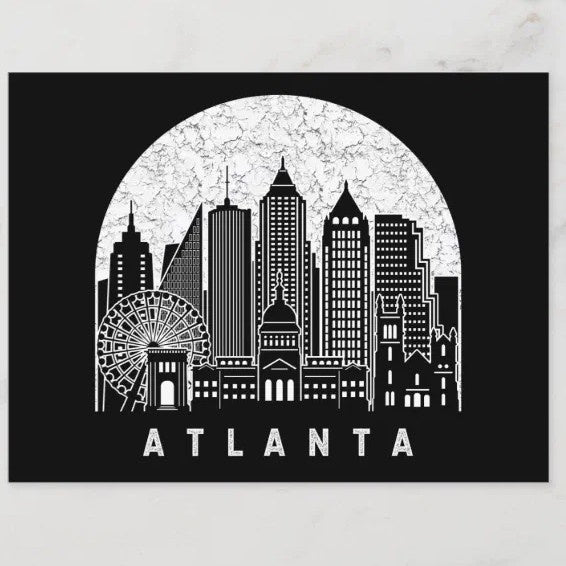 Black and white postcard featuring a cityscape illustration of Atlanta