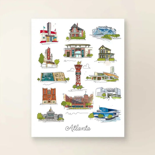 Collage of illustrations of Atlanta landmarks on a white background