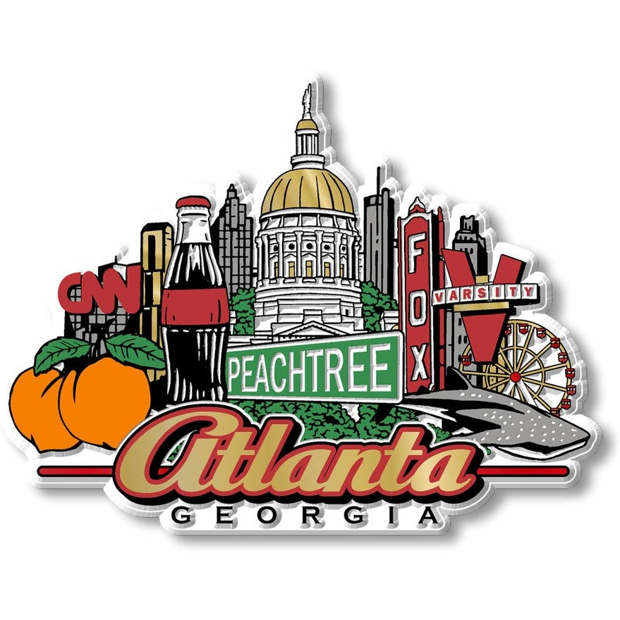 A magnet featuring iconic Atlanta attractions including a ferris wheel and bottle of Coca Cola in front of the Atlanta skyline