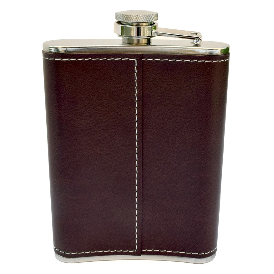 Back view of a leather and metal flask with white stitching detail.