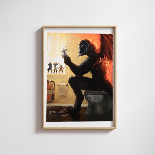 Art print of a Balrog sitting on the toilet and holding a Gandalf action figure