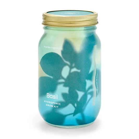 Glass jar with gold lid labeled 'Basil Hydroponic Grow Kit' on a white background