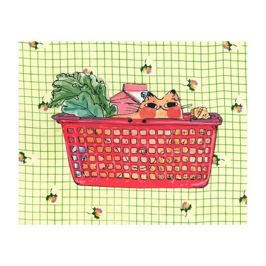 Watercolor illustration of an orange cat peeking out of a red grocery basket in front of a light green grid background