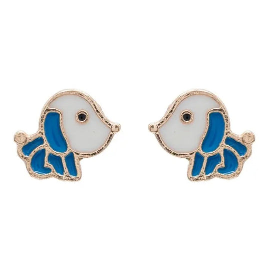 Stud earrings shaped like blue and white dogs