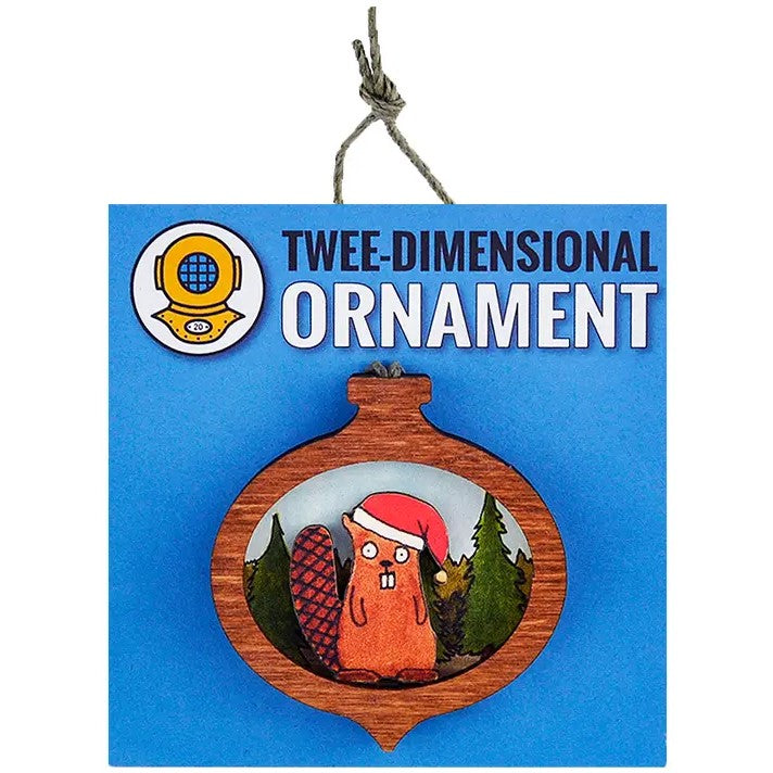 A small round wooden Christmas ornament featuring a beaver in a Santa hat staring straight ahead with wide eyes