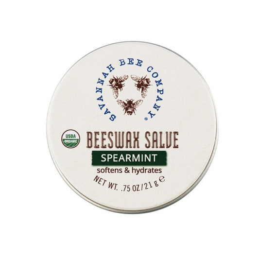 .75 ounce spearmint scented hydrating beeswax salve in a small circular white tin