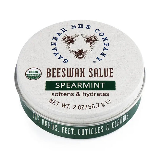 A round tin of spearmint scented beeswax salve from Savannah Bee company