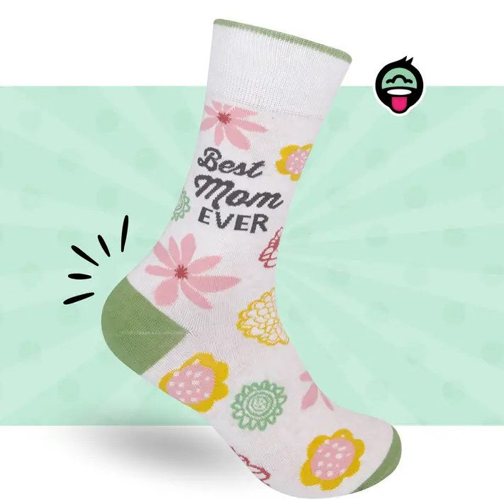 White calf socks decorated with simple pink, yellow and green flowers and the words "Best Mom Ever"