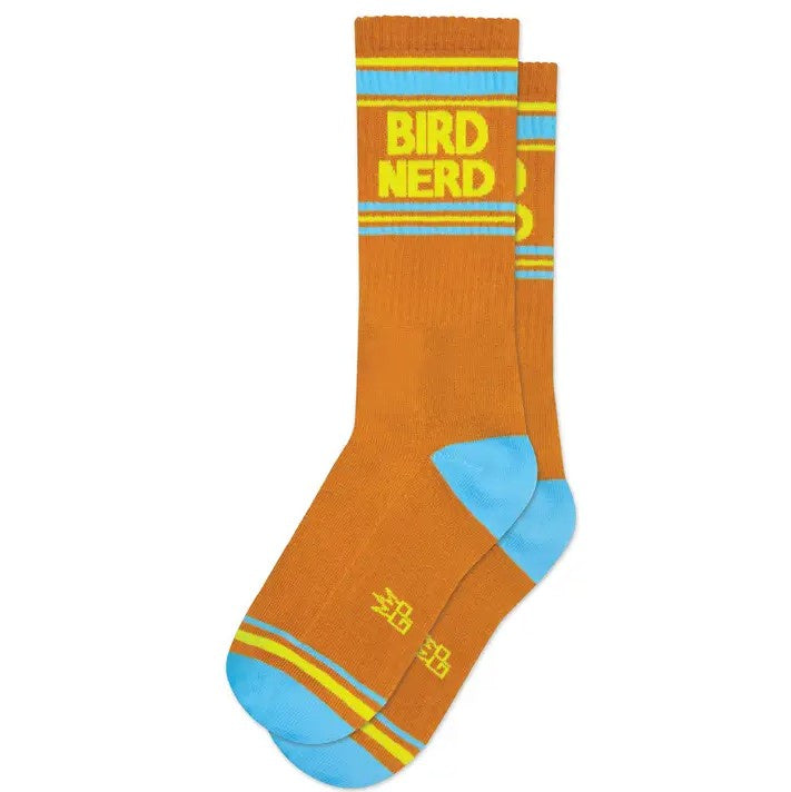Orange crew sock with yellow and blue stripes and the words "Bird Nerd" on them