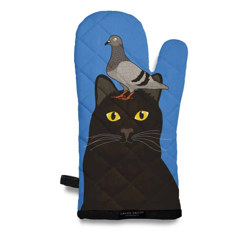 Oven mitt featuring a design of a black cat with a pigeon on its head in front of a blue background