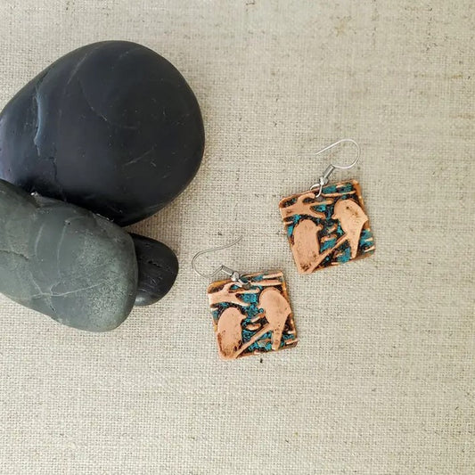 copper birds with turquoise background on square earrings