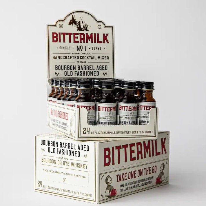 single serving mini bottles of cocktail mixers to make bourbon barrel aged old fashioned