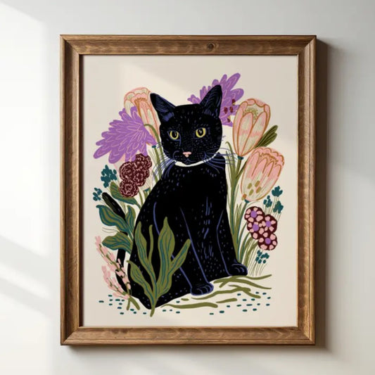 8x10 art print of a black cat surrounded by colorful flowers on a white background