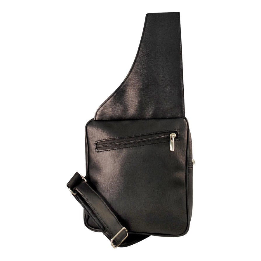 A sleek black leather crossbody bag with one zipper pocket in the front.