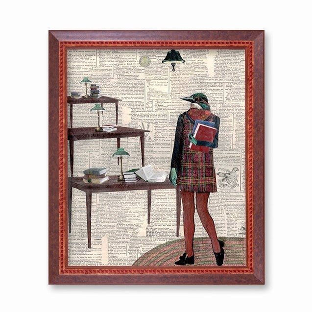 Collage artwork of a human bird person holding books