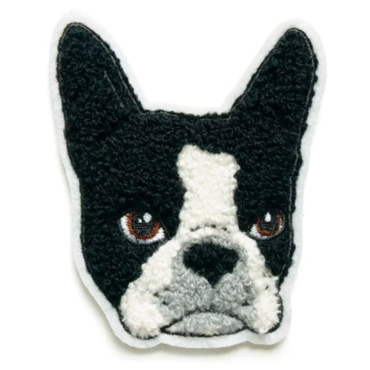 Iron on fabric patch in the shape of a black and white Boston Terrier's face