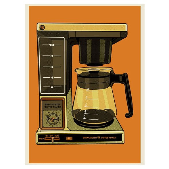 A print of a Brewmaster Coffee Maker in muted yellow and brown colors with a bright orange background.