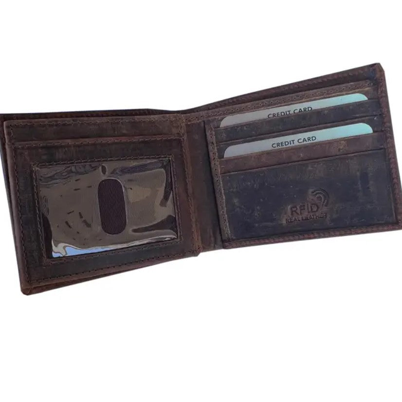 Dark brown leather bifold wallet with several slots for organizing cards