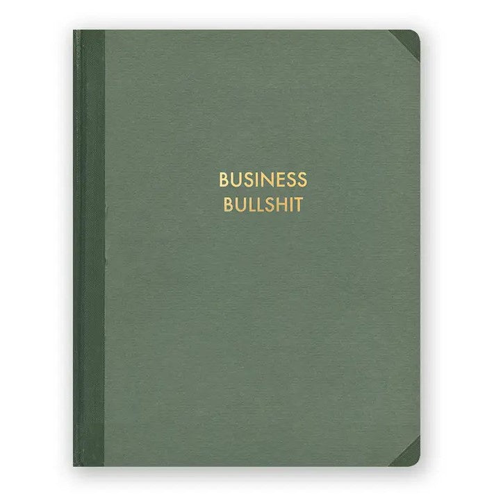 Light green journal with the words "Business Bullshit" embossed in gold lettering on the front.