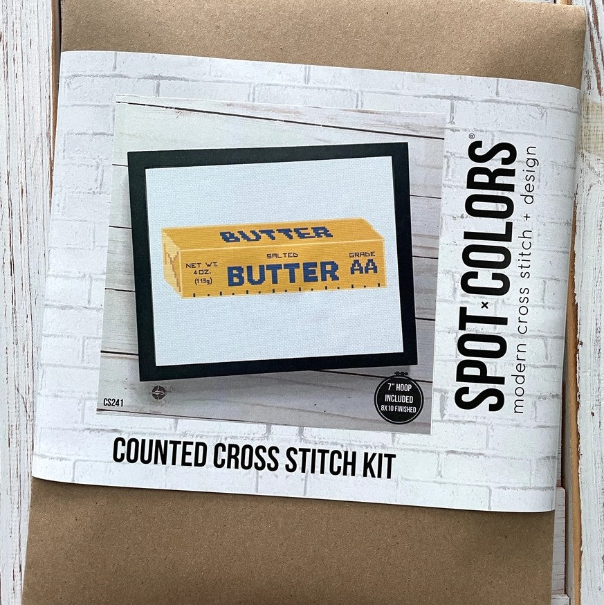 Cross stich kit with a stick of butter design