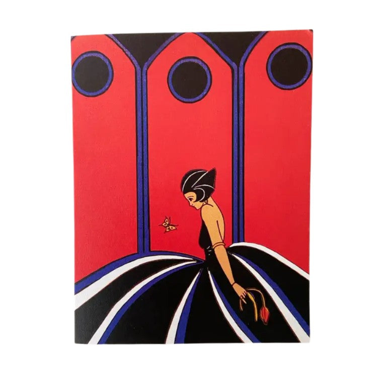 An art deco style illustration of a woman in a black, white and blue striped ballgown looking at a butterfly. The background is bold red, blue and black panels