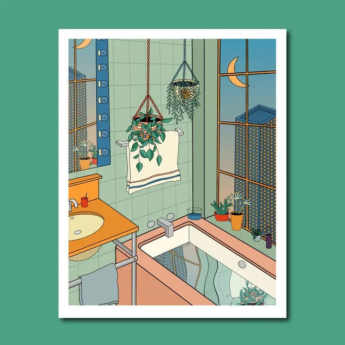 An 8x10 illustration of a bathroom overlooking a night time city scape, with plants hanging from the ceiling and on the side of the tub.