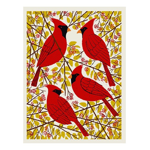 A graphic print of four bright red cardinals perched on branches surrounded by bright green leaves and red berries.