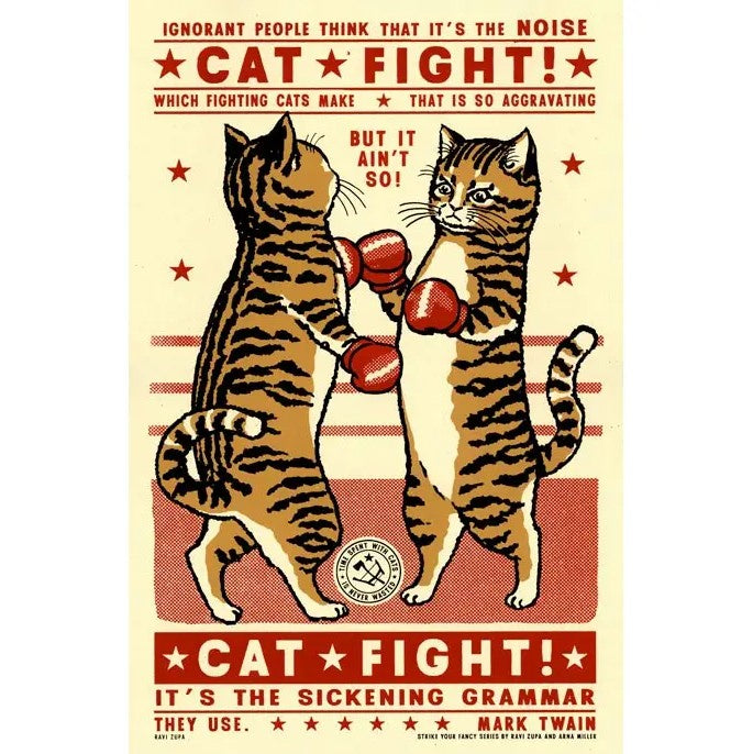 Vintage-style poster of two cats boxing and a Mark Twain quote about cat fights