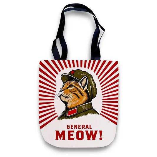 A white and red tote bag with black handles, featuring a cartoon graphic of an orange cat in an army uniform with red text "General Meow!"